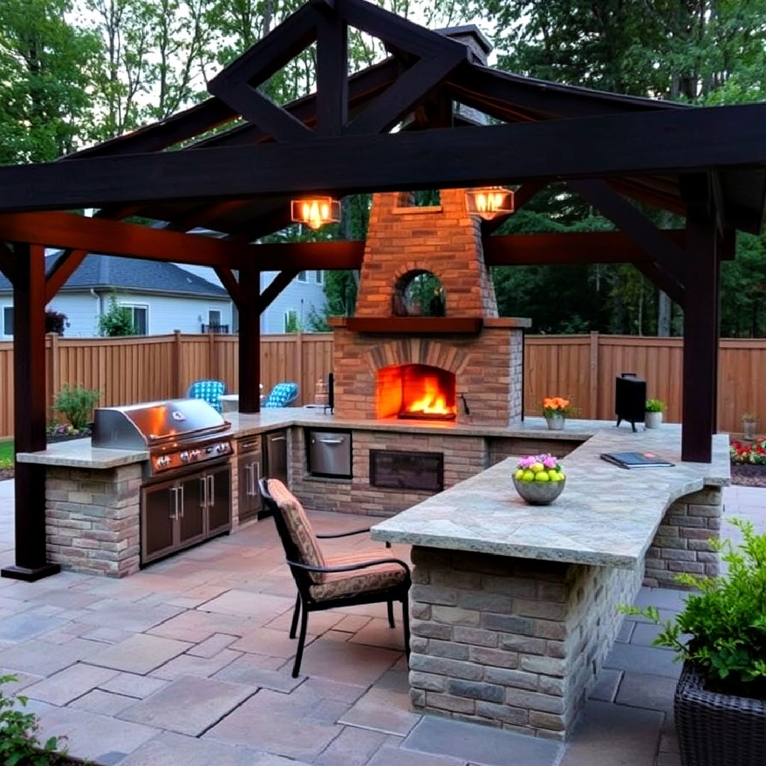 outdoor kitchen with fireplace and gazebo