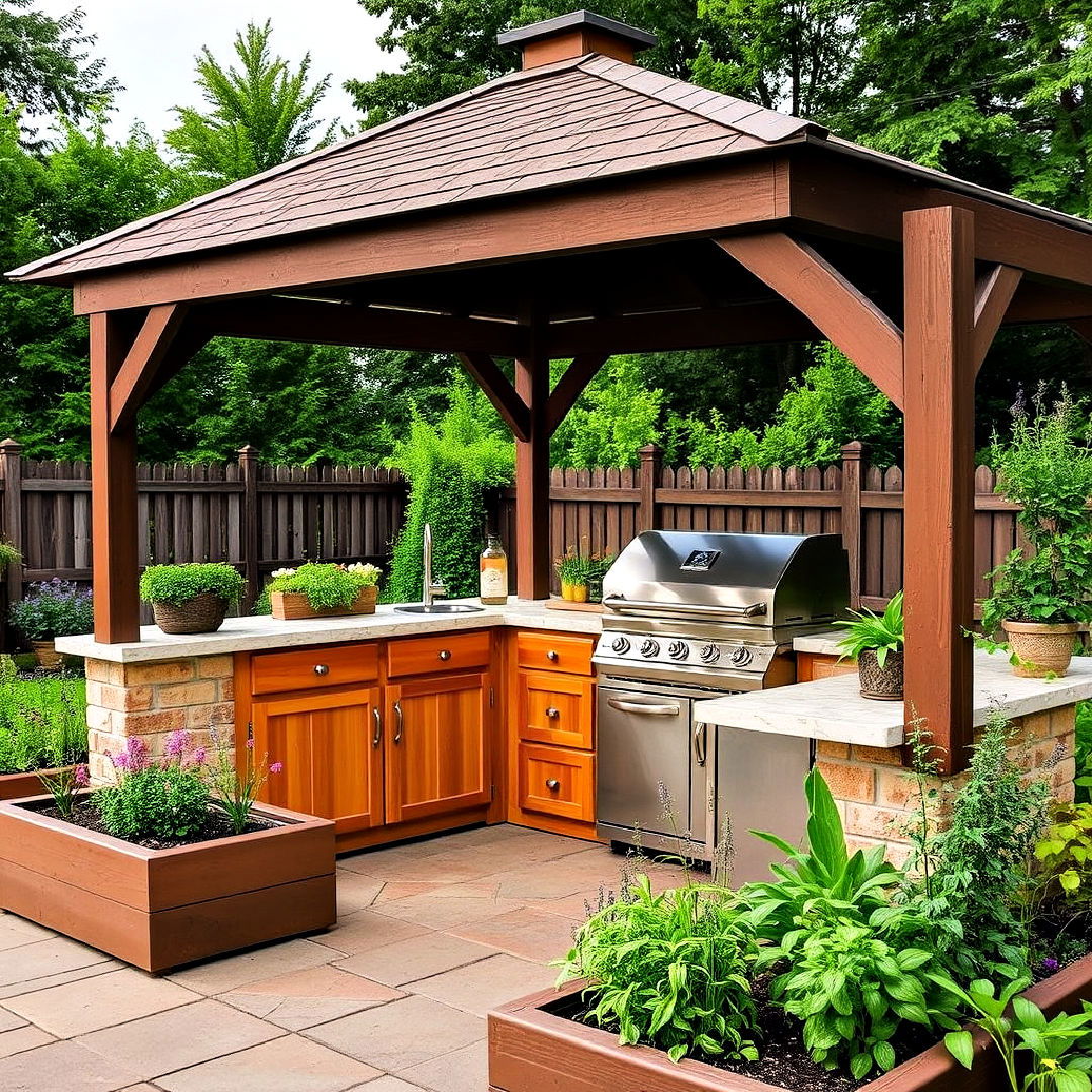 outdoor kitchen with herb garden and gazebo