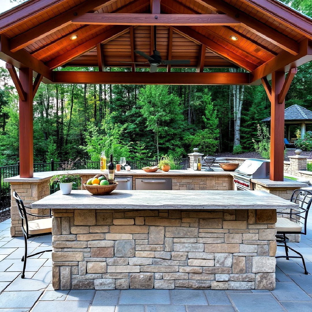 outdoor kitchen with stone island and gazebo