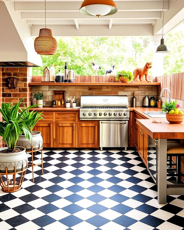 outdoor kitchen with weather resistant checkered flooring