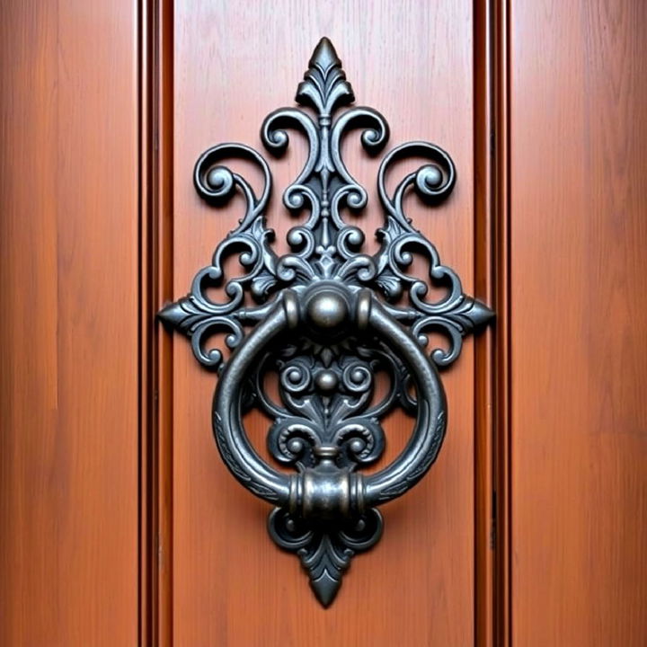 oversized iron door knocker on a chic wooden door