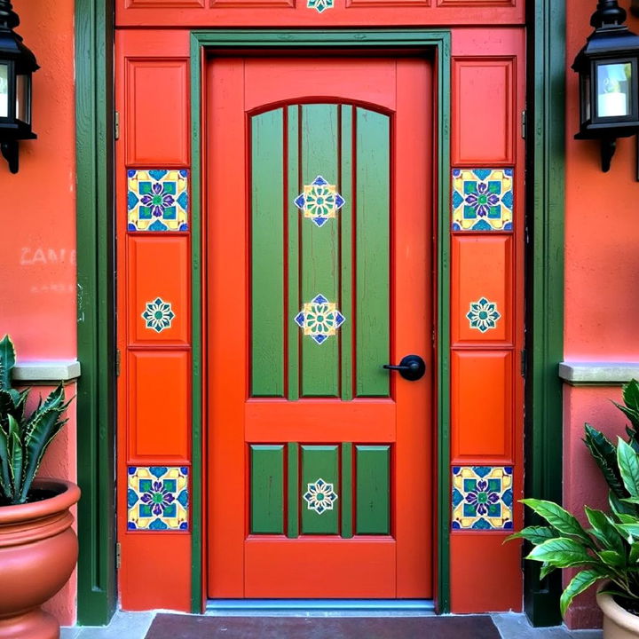 painted wooden front door with tile inlay to showcase spanish artistry