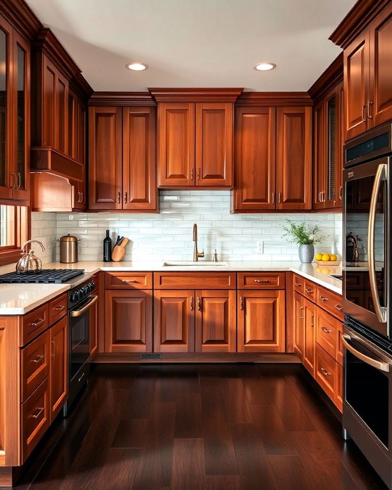 pairing natural cherry cabinets with dark flooring