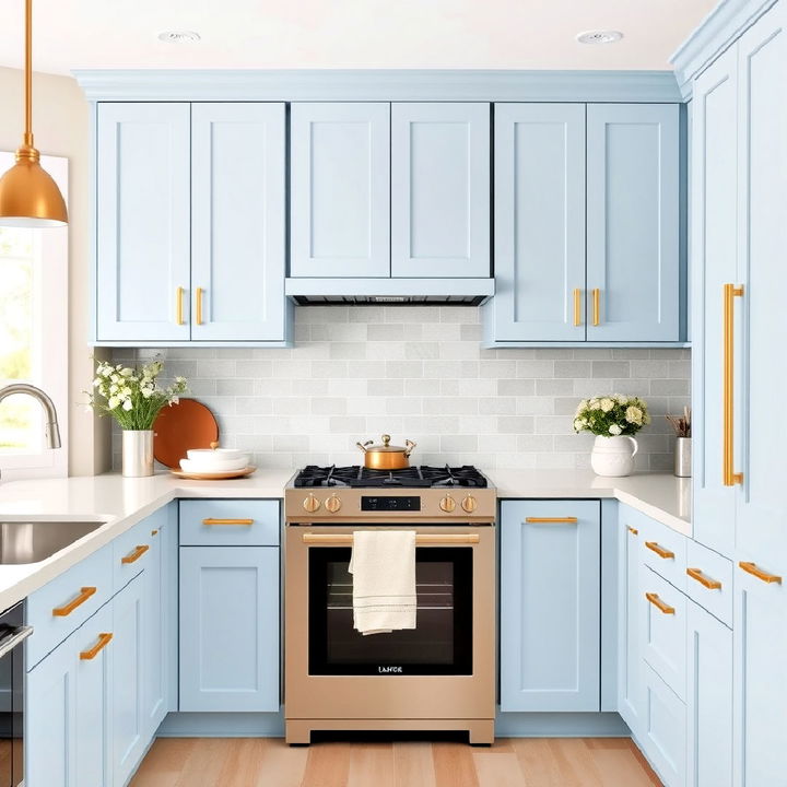 pale blue cabinets with minimalist gold t bar pulls