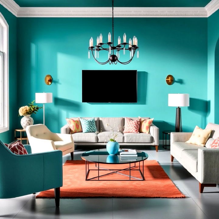 pale grey floors combined with energetic turquoise walls