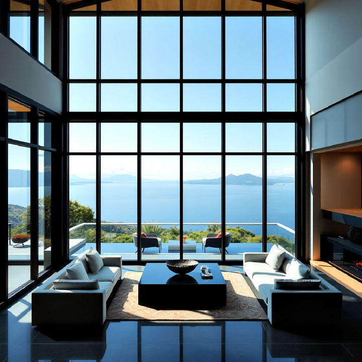 panoramic view in luxury villa with black windows