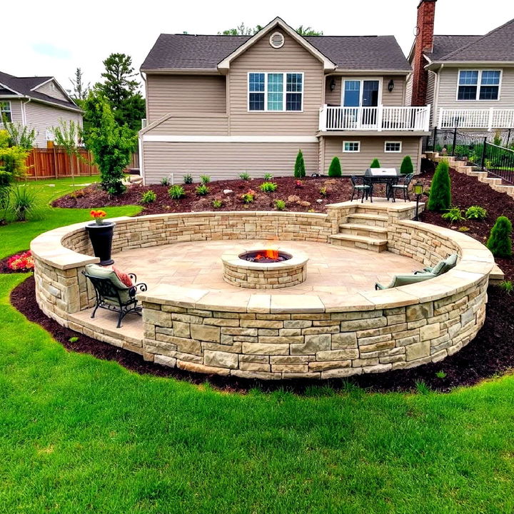 patio with fire pit and stone retaining wall