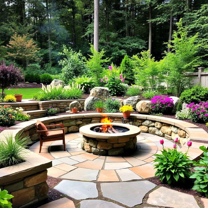 patio with fire pit and surrounding garden