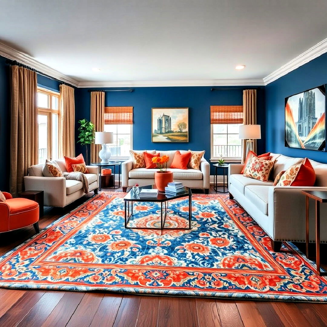 patterned area rugs with orange and blue tones