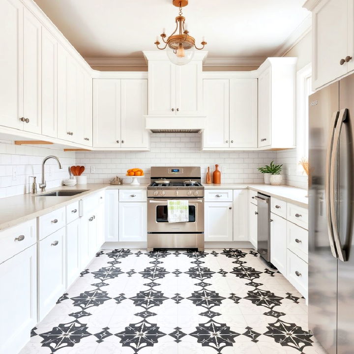 patterned floor tiles with white kitchen cabinets