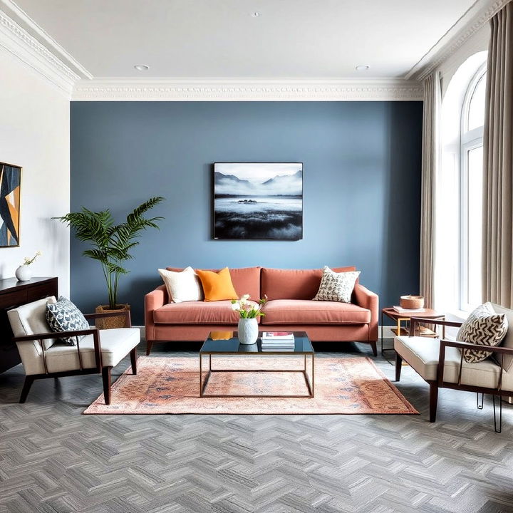 patterned grey flooring with muted blue wall