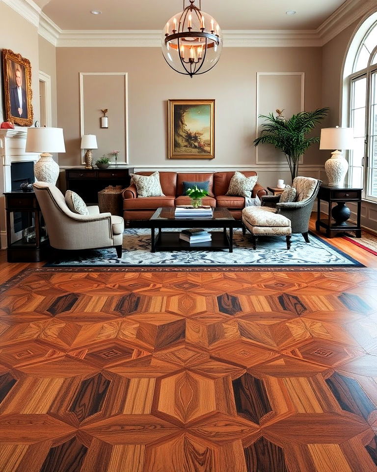 patterned inlay wood flooring to enhance living room