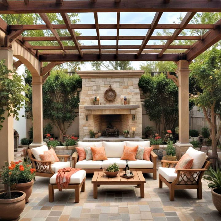 pergola with wooden beam to create a cozy patio space