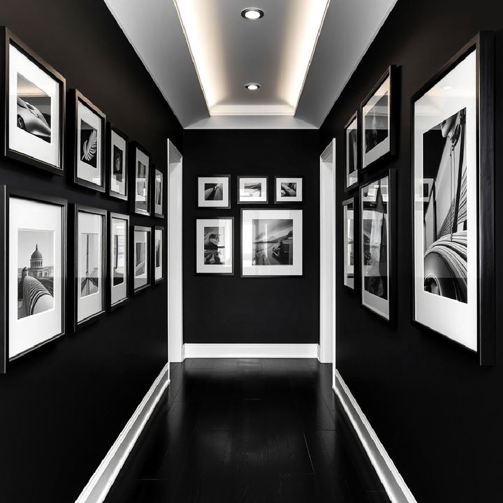 personalized black and white hallway gallery wall