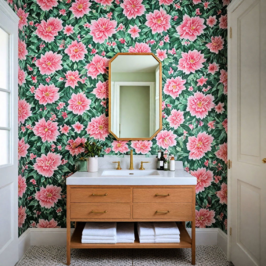 pink and green floral wallpaper for bathroom