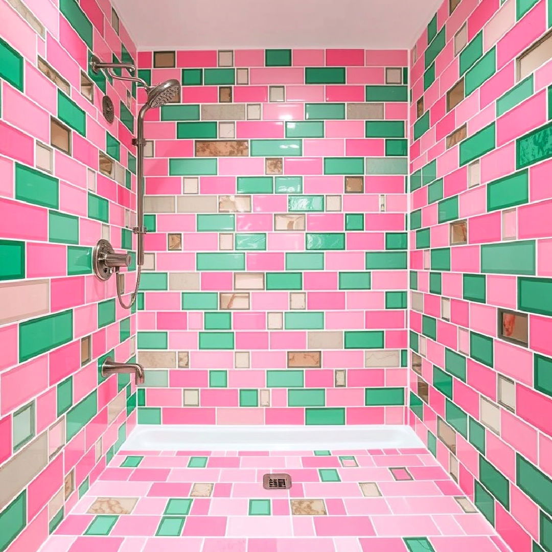 pink and green shower tiles bathroom