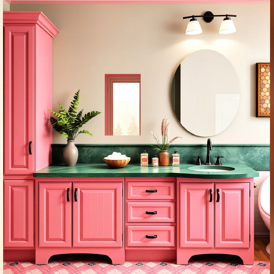 pink cabinets with green countertop