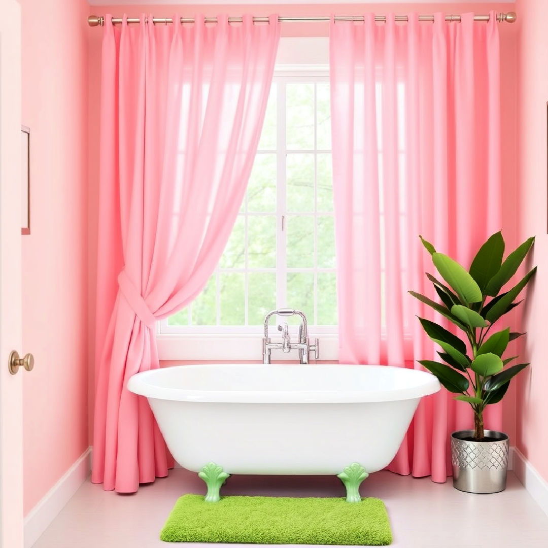 pink curtains with green bath mats