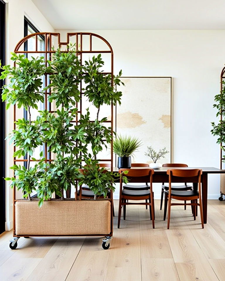 plant dividers for distinguishing the dining area from the living area