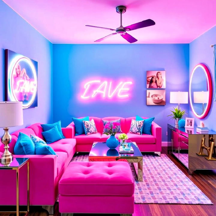 playful retro vibe with neon pink and blue details