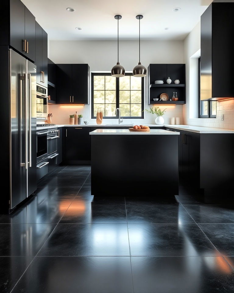 polished black concrete earthy floor for a bold contrast