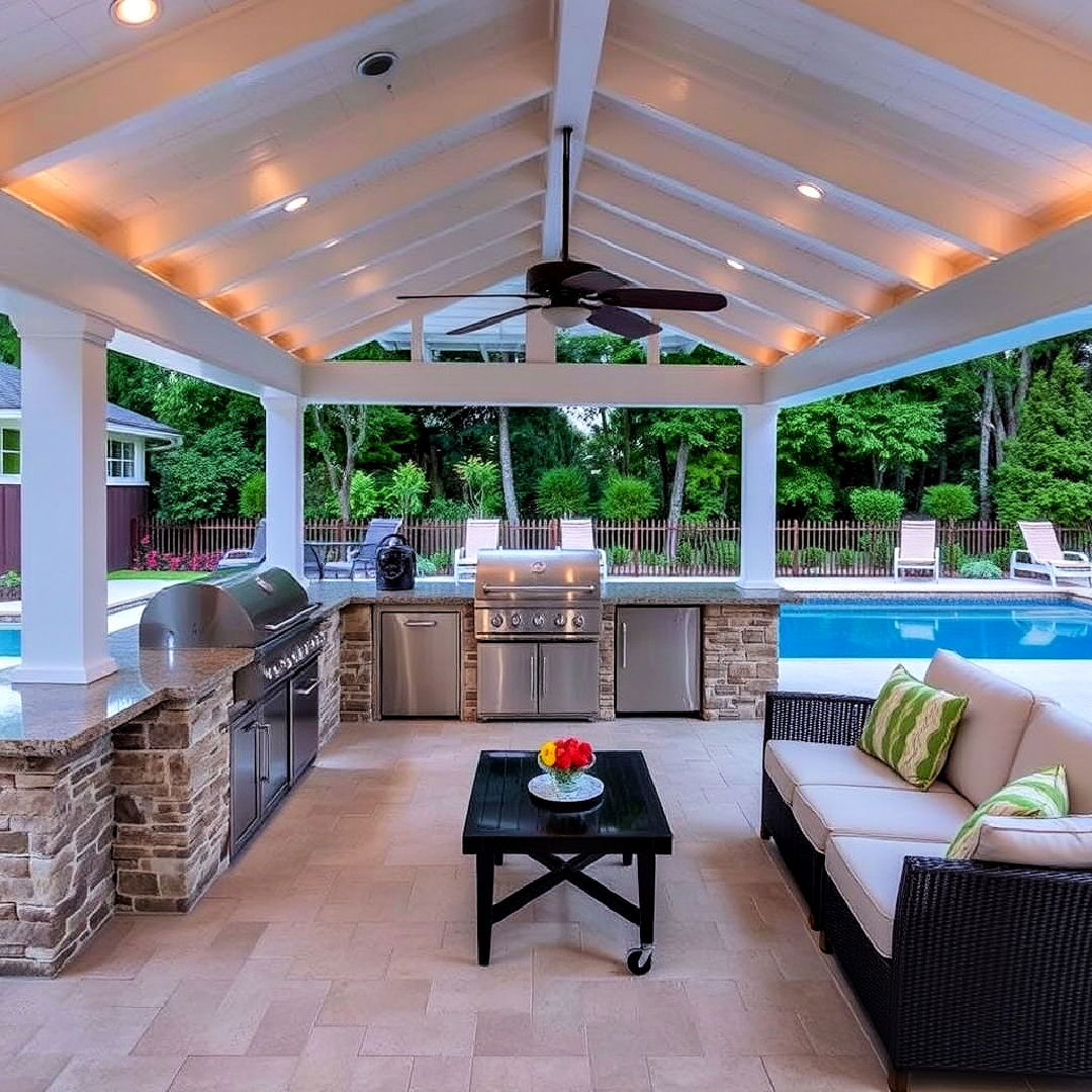 pool house with a covered outdoor kitchen