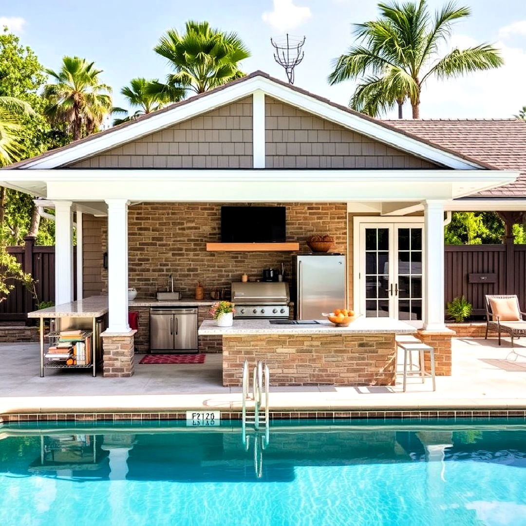 pool house with a fully equipped outdoor kitchen