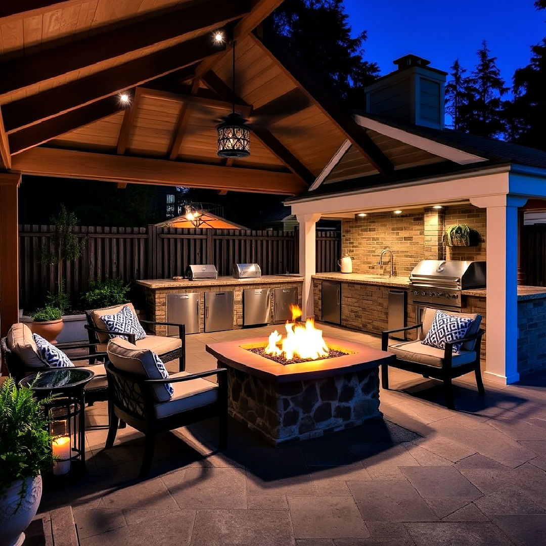 pool house with fire pit and outdoor kitchen