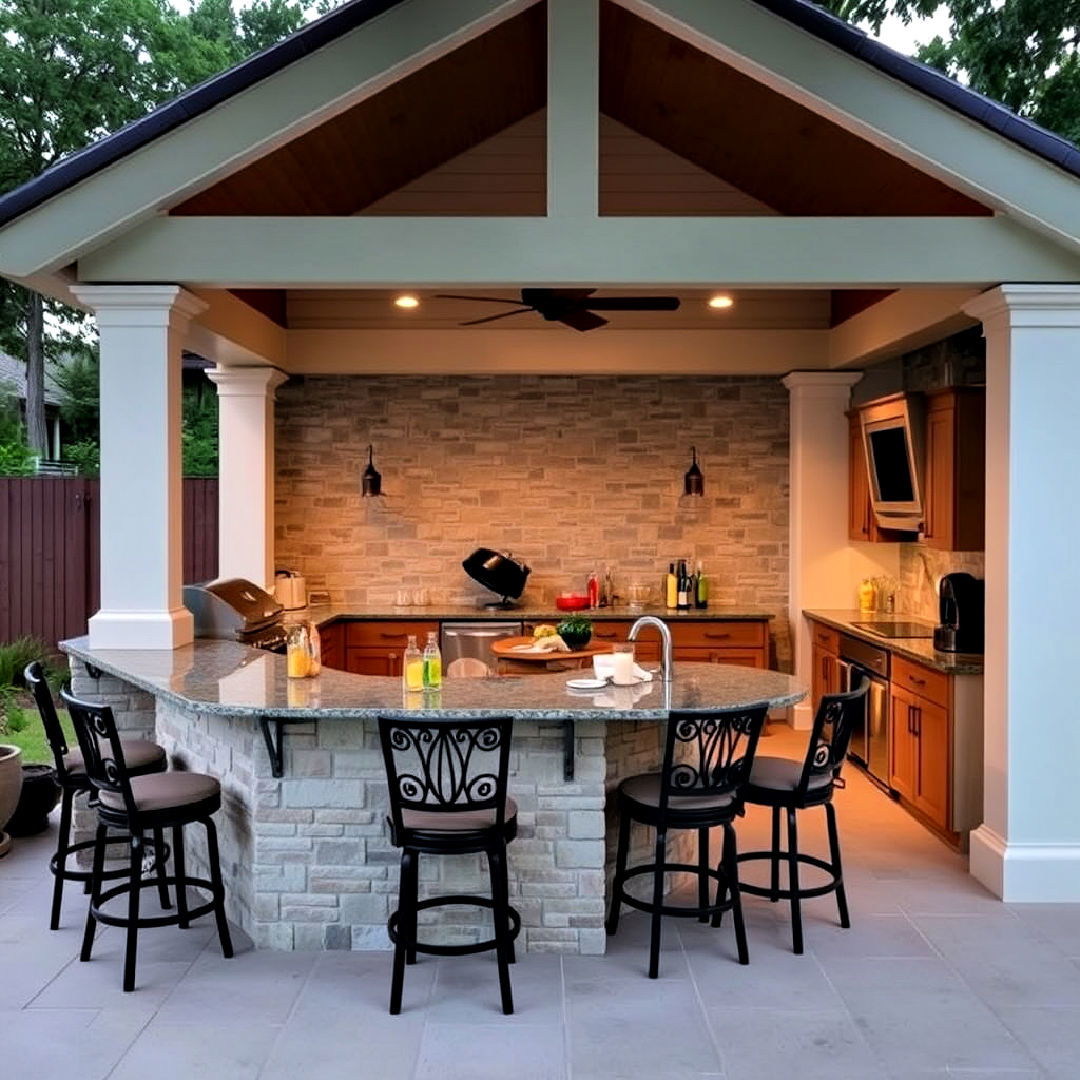 pool house with open air kitchen and bar