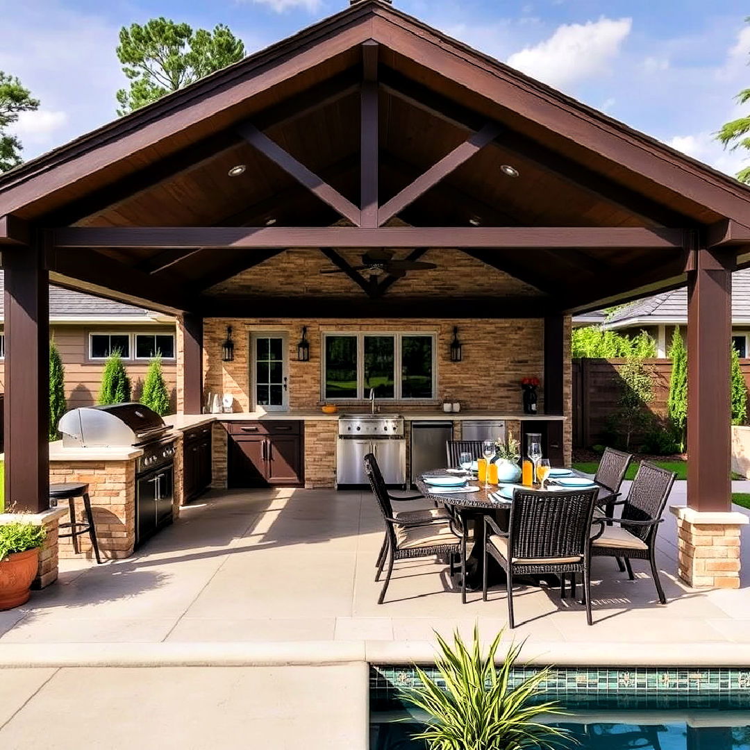 pool house with outdoor kitchen and dining pavilion