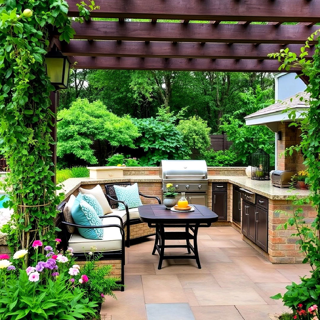 pool house with outdoor kitchen and garden seating