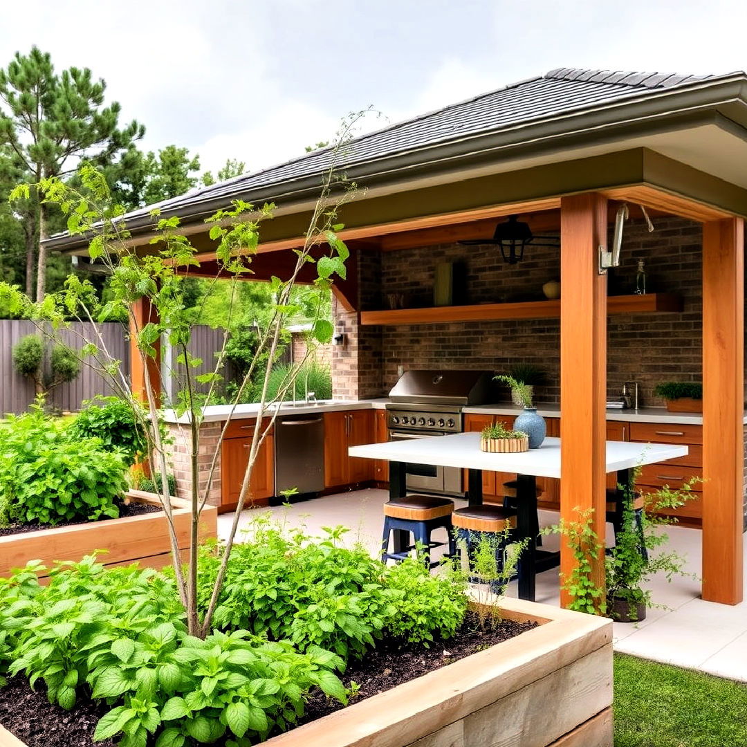 pool house with outdoor kitchen and herb garden