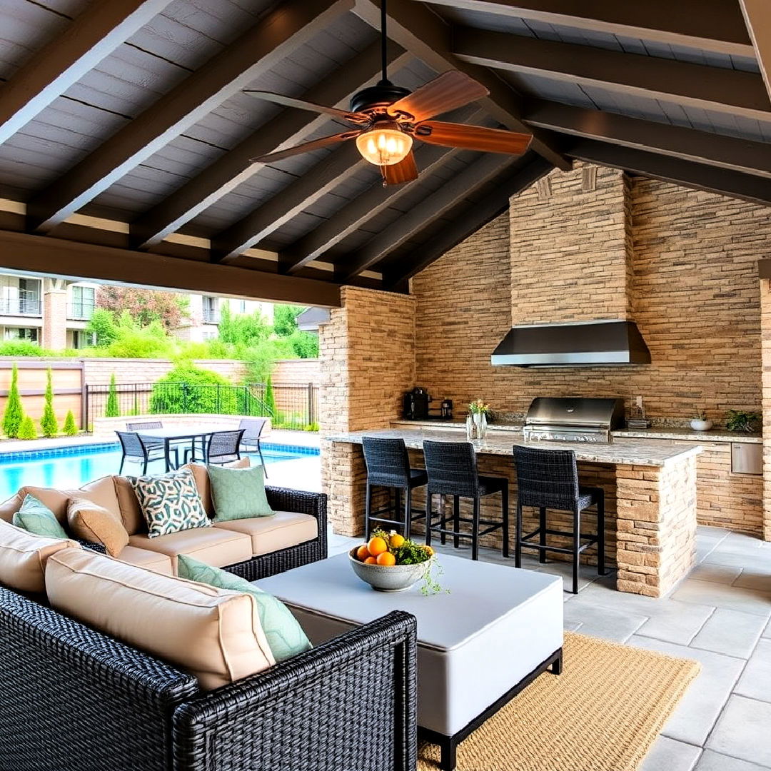 pool house with outdoor kitchen and lounge area