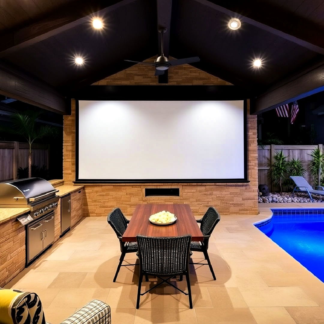 pool house with outdoor kitchen and movie projector