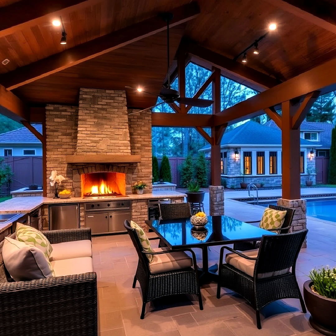 pool house with outdoor kitchen and outdoor fireplace