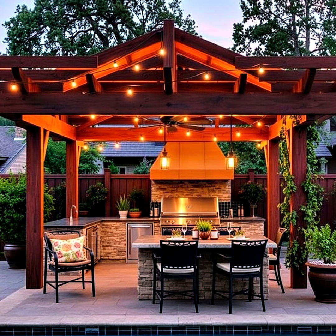 pool house with outdoor kitchen and pergola