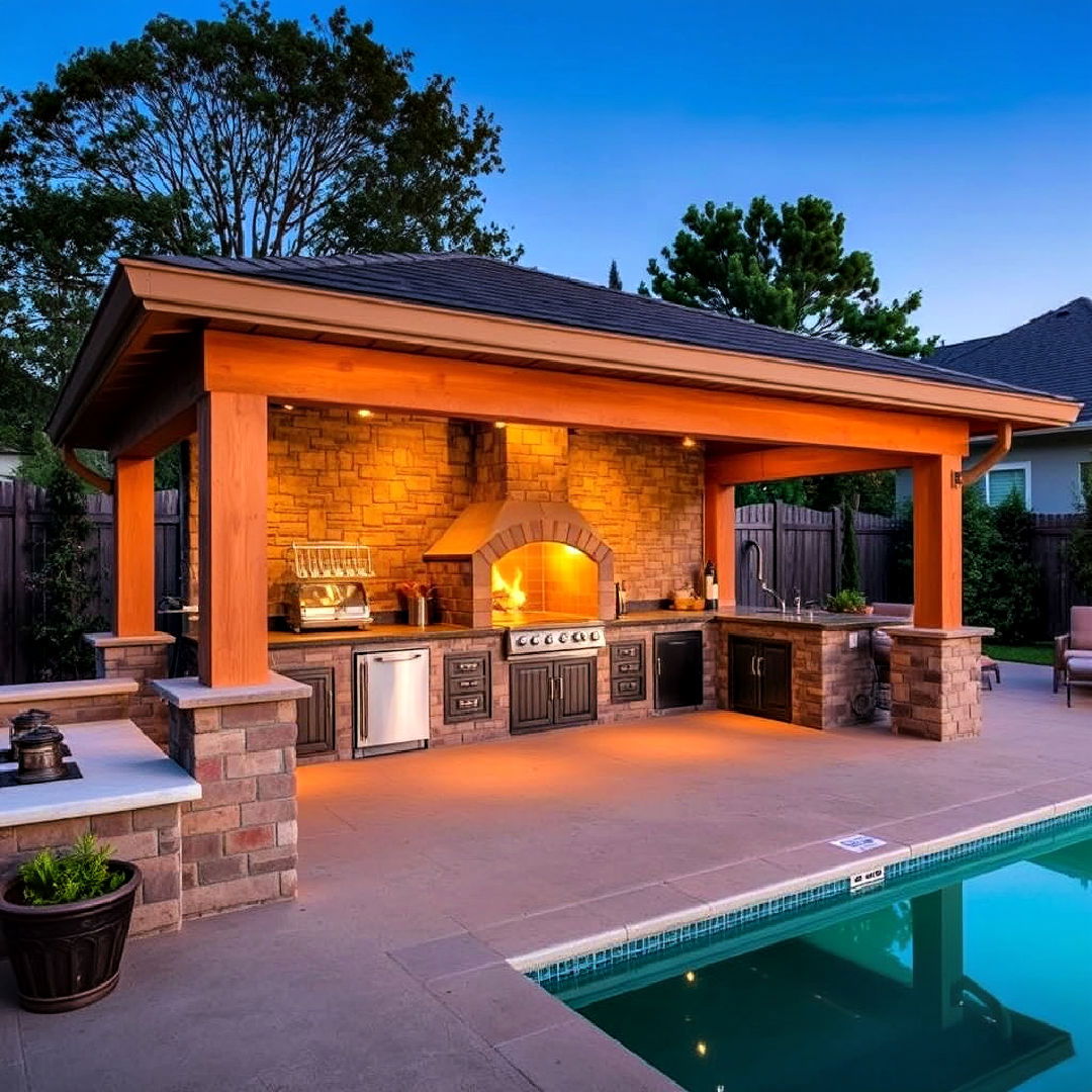 pool house with outdoor kitchen and pizza oven