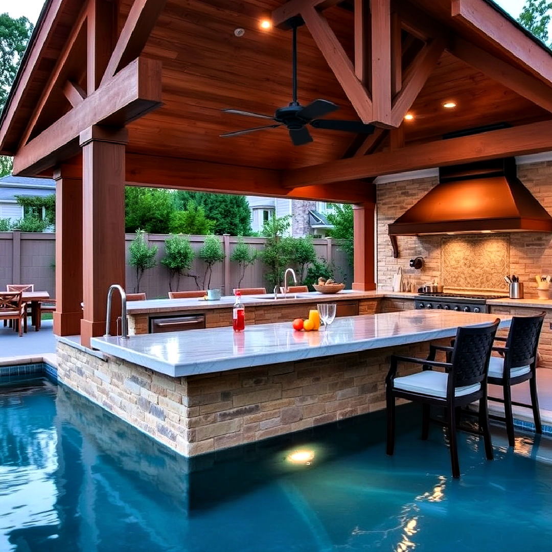 pool house with outdoor kitchen and swim up bar