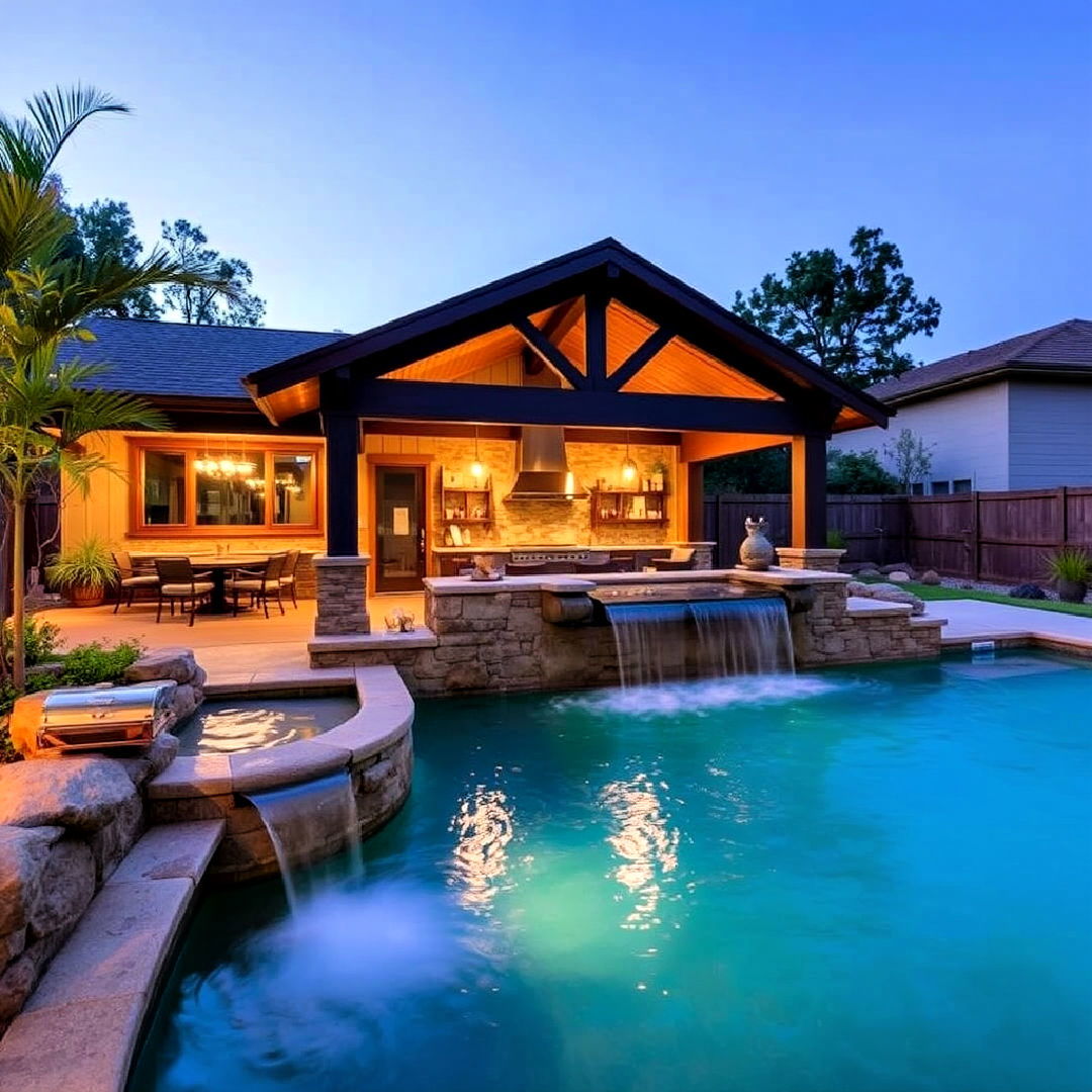 pool house with outdoor kitchen and waterfall feature