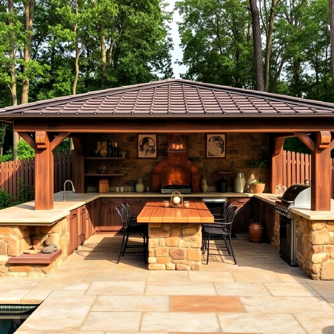 pool house with rustic outdoor kitchen