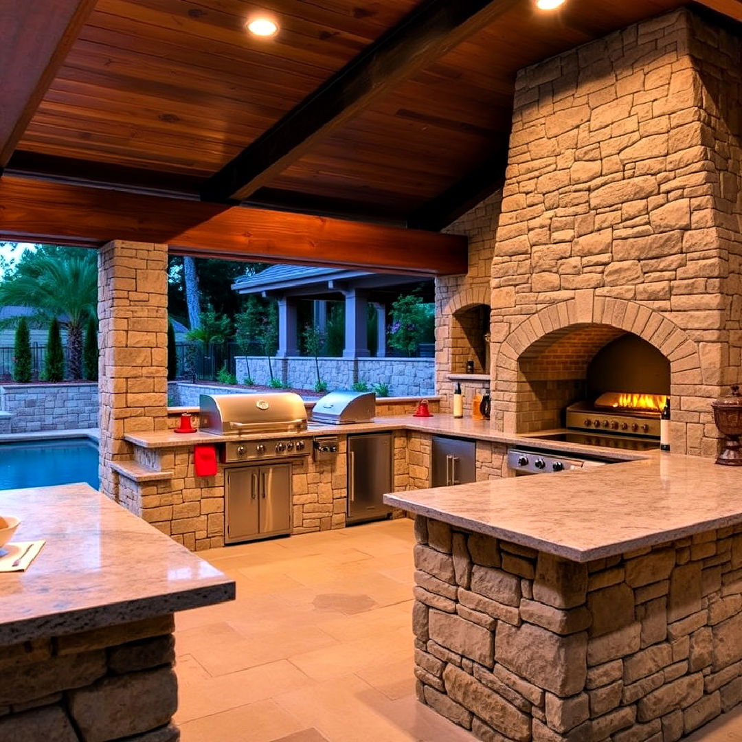 pool house with stone outdoor kitchen