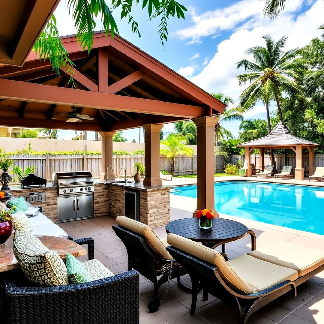 poolside outdoor kitchen with gazebo