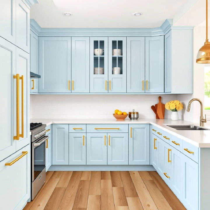 powder blue cabinets and elegant satin gold handles