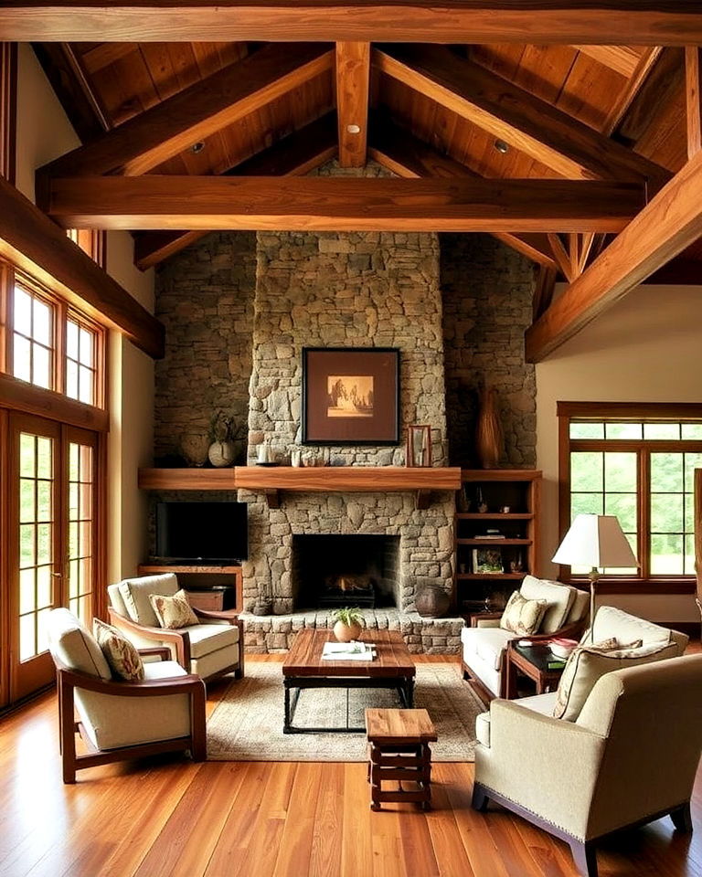 prairie style interior design with wood and stone