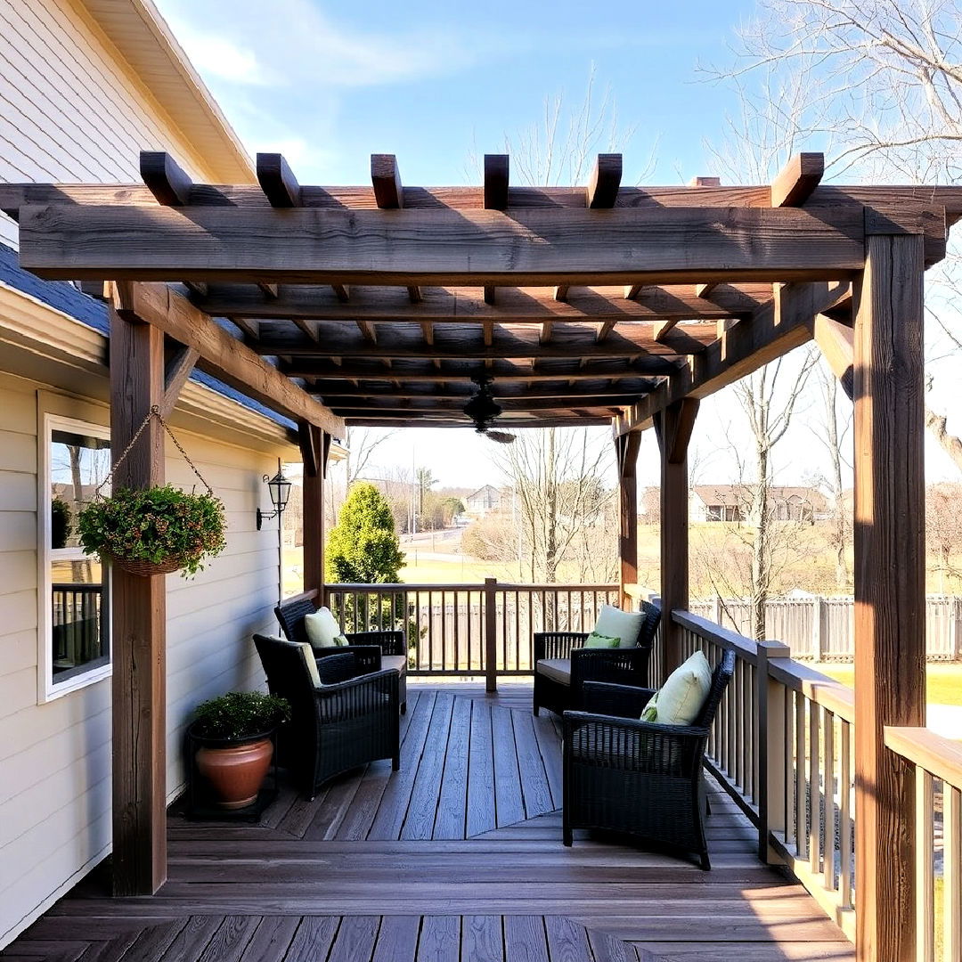 reclaimed wood pergola partially covered deck