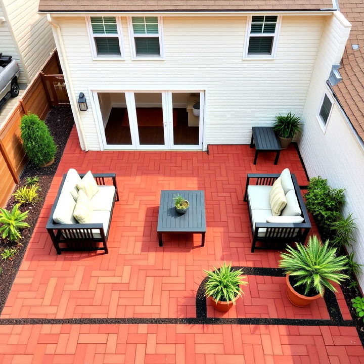 red paver patio with geometric patterns