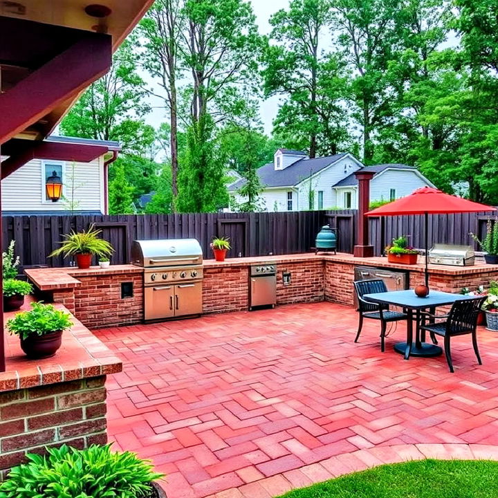 red paver patio with outdoor kitchen