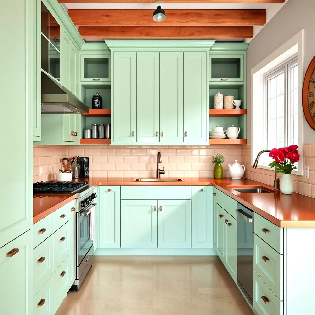 refreshing mint cabinets with copper countertops