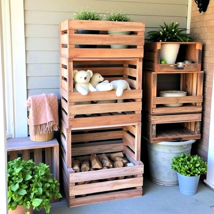 repurposed wooden crates for porch storage