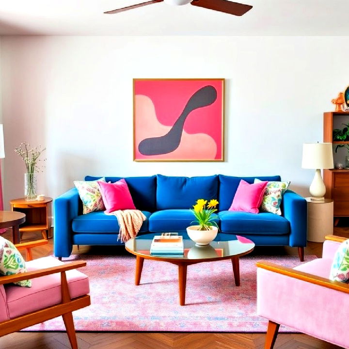 retro charm with pink and blue mid century furniture